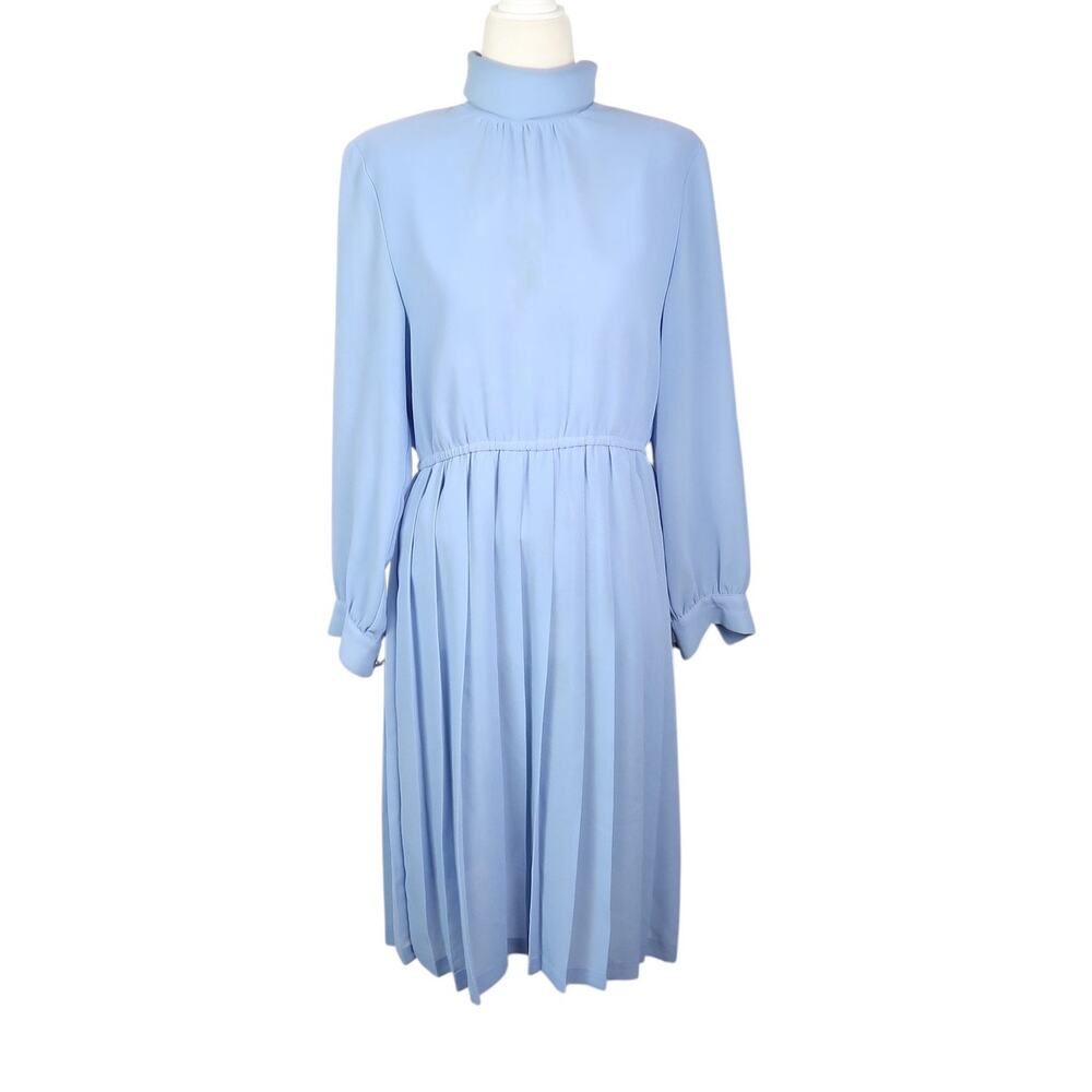 Vintage 80s Brownstone Studio Powder Blue Mockneck Pleated Midi Dress M